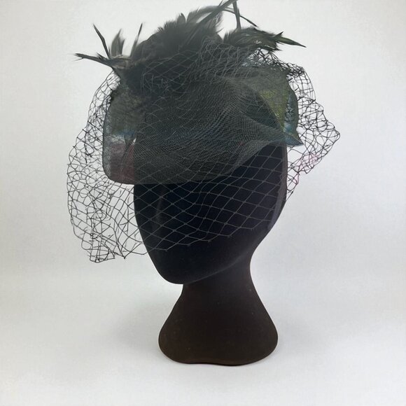 Halloween Black Feathered Fascinator Hat With Mesh Veil & Velvet Pumpkin Design - Picture 4 of 7